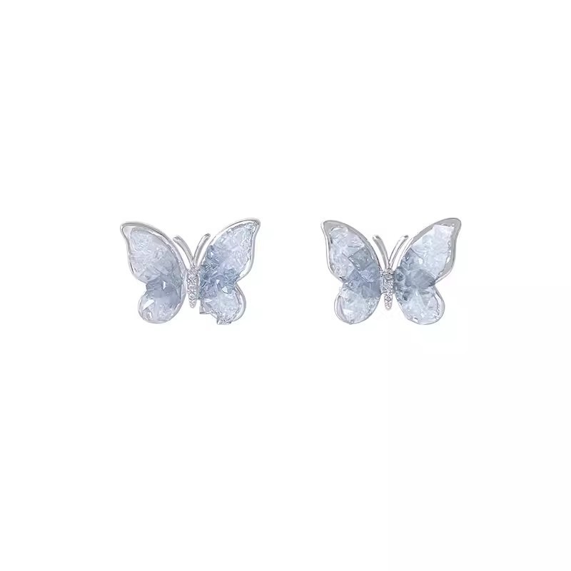 Blue gradient crystal butterfly stud earrings for women, high-end Korean design, niche retro, unique and versatile earrings and earrings Item Picture
