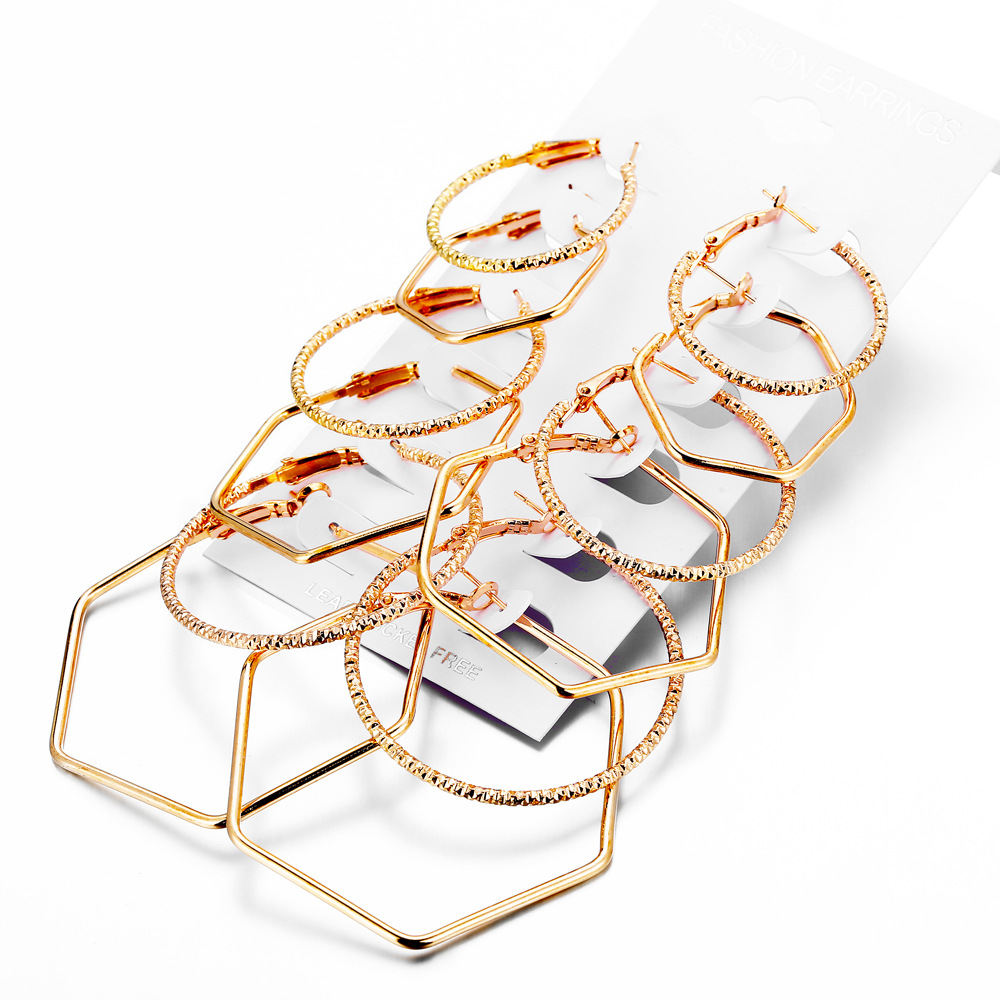 A new cross-border European and American rock exaggerated ear ring geometric polygonal 6-piece set of stud earrings and a personalized earring combination Item Picture