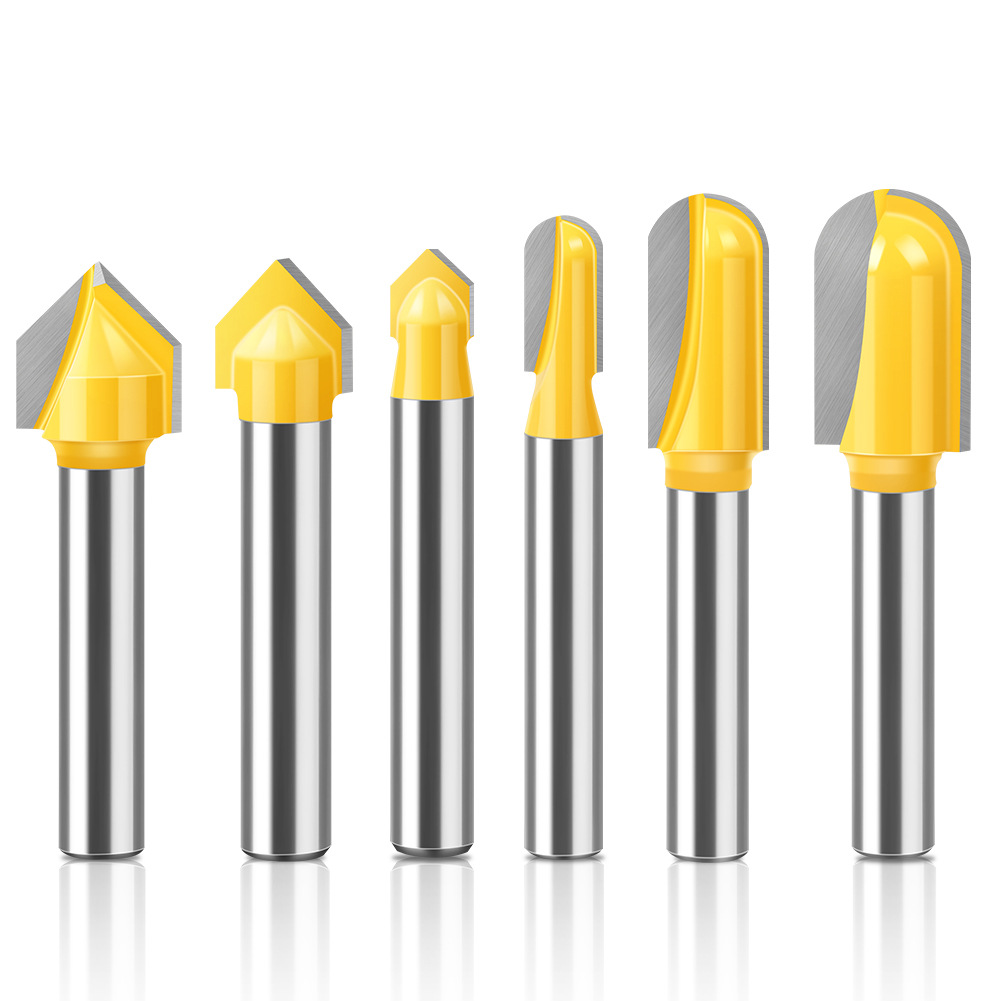 6-piece set of 3V+3 deep round bottom knife, slotting knife, corner folding knife, woodworking milling cutter, slot knife, trimming machine milling cutter Item Picture