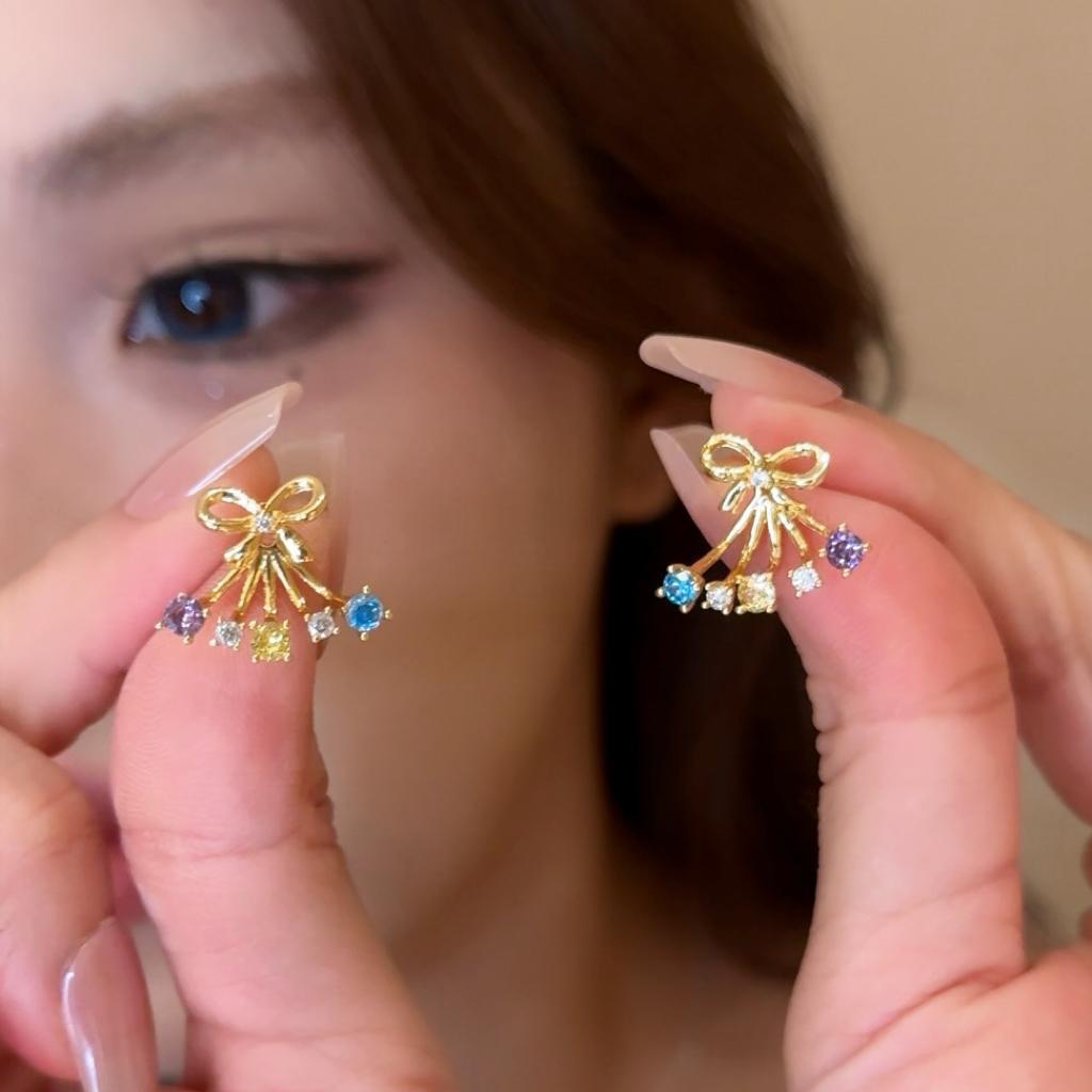 Colorful bow stud earrings for women, 925 silver needle double-wear personalized earrings, high-end Korean-style zircon earrings and pendants details Picture