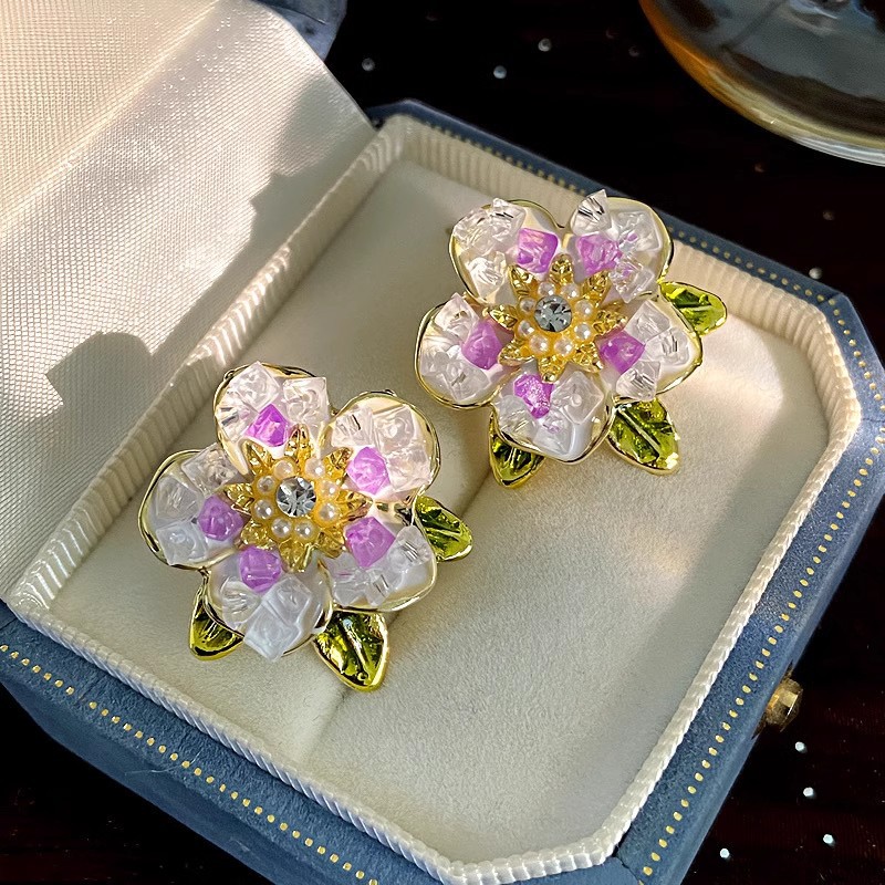 Purple and white gradient crystal cherry blossom earrings for women, a light luxury fashion, unique personality, versatile and fresh flower earrings Application Scenario