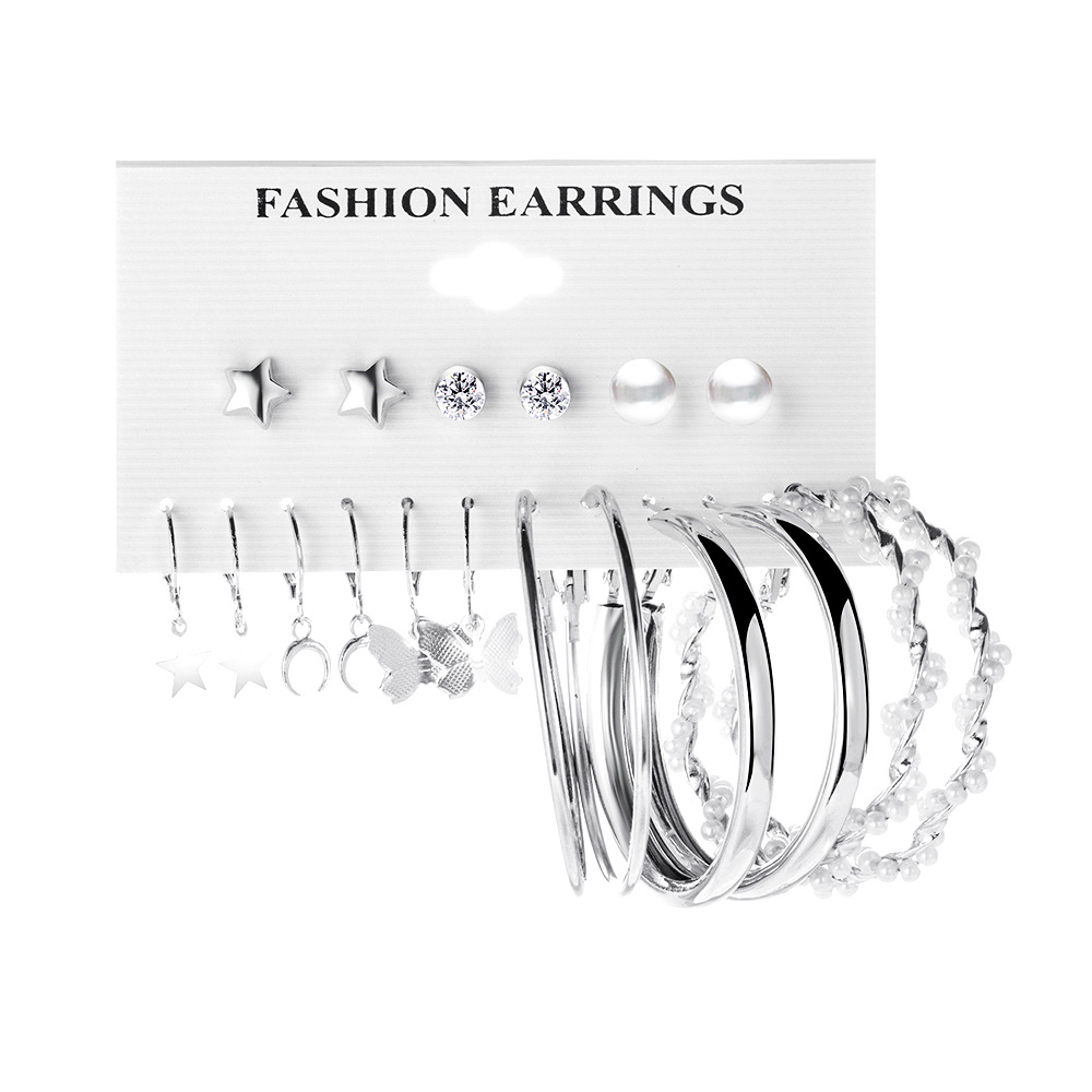 Wholesale of new cross-border silver butterfly imitation pearl earrings, creative five-pointed star moon earrings set of 9 pairs Item Picture