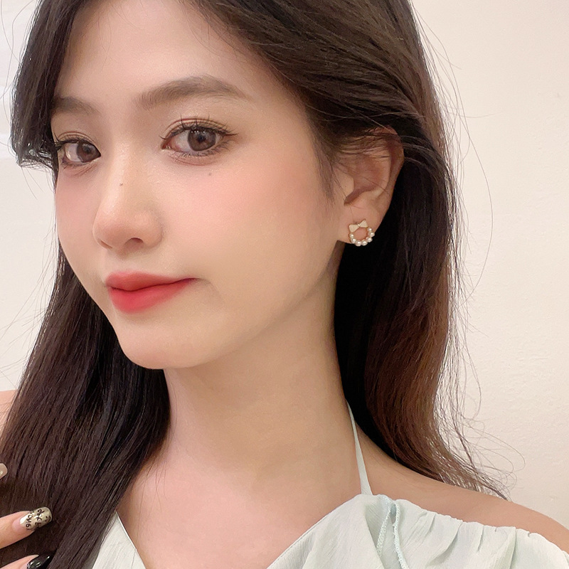 S925 Silver Needle, girlish mini bow pearl stud earrings, small geometric, sweet and cute style earrings details Picture