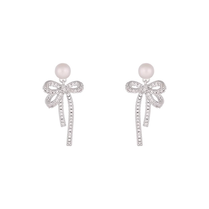 Korean-style lace bow pearl back-hanging earrings for women, light luxury, niche and high-end feel, unique design of stud earrings Item Picture