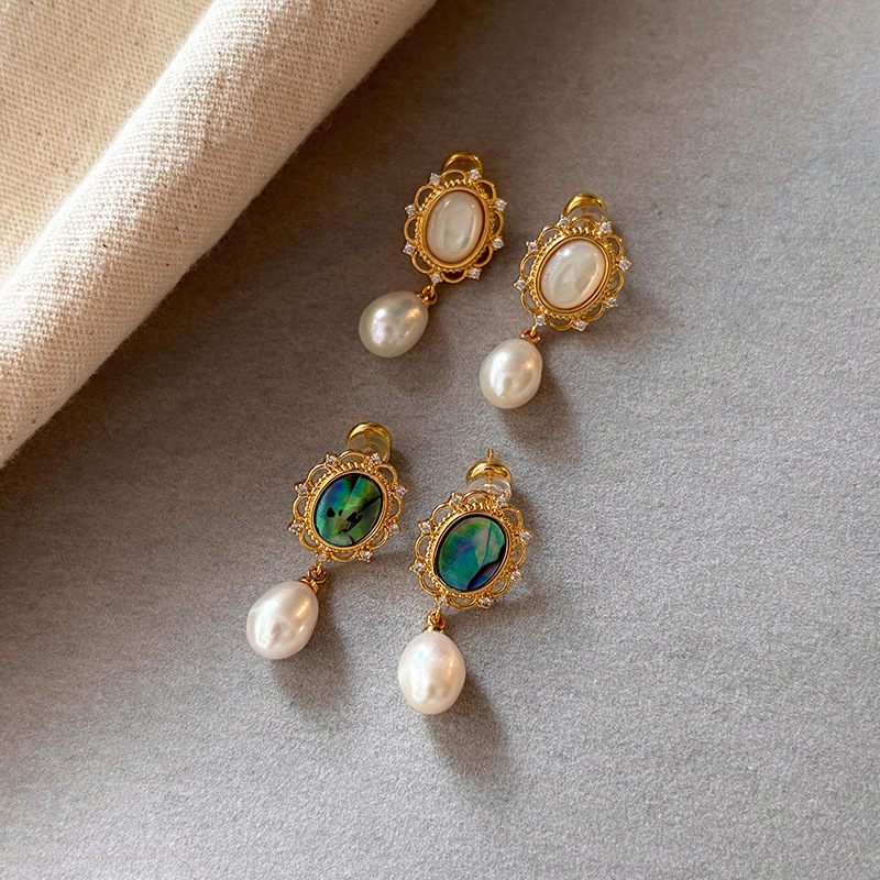 vintage silver needle earrings, real gold electroplated round flower glass pearl stud earrings with a high-end feel Specification drawing