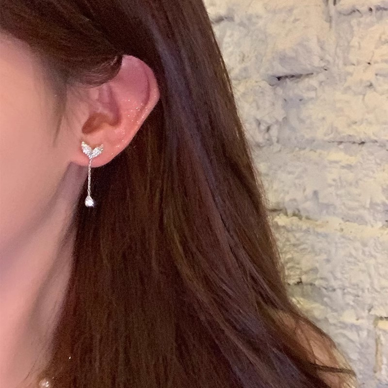 Full-diamond fishtail earrings suitable for round faces, teardrop tassel earrings, women's light luxury and high-end feel, stud earrings, elegant and grand Specification drawing