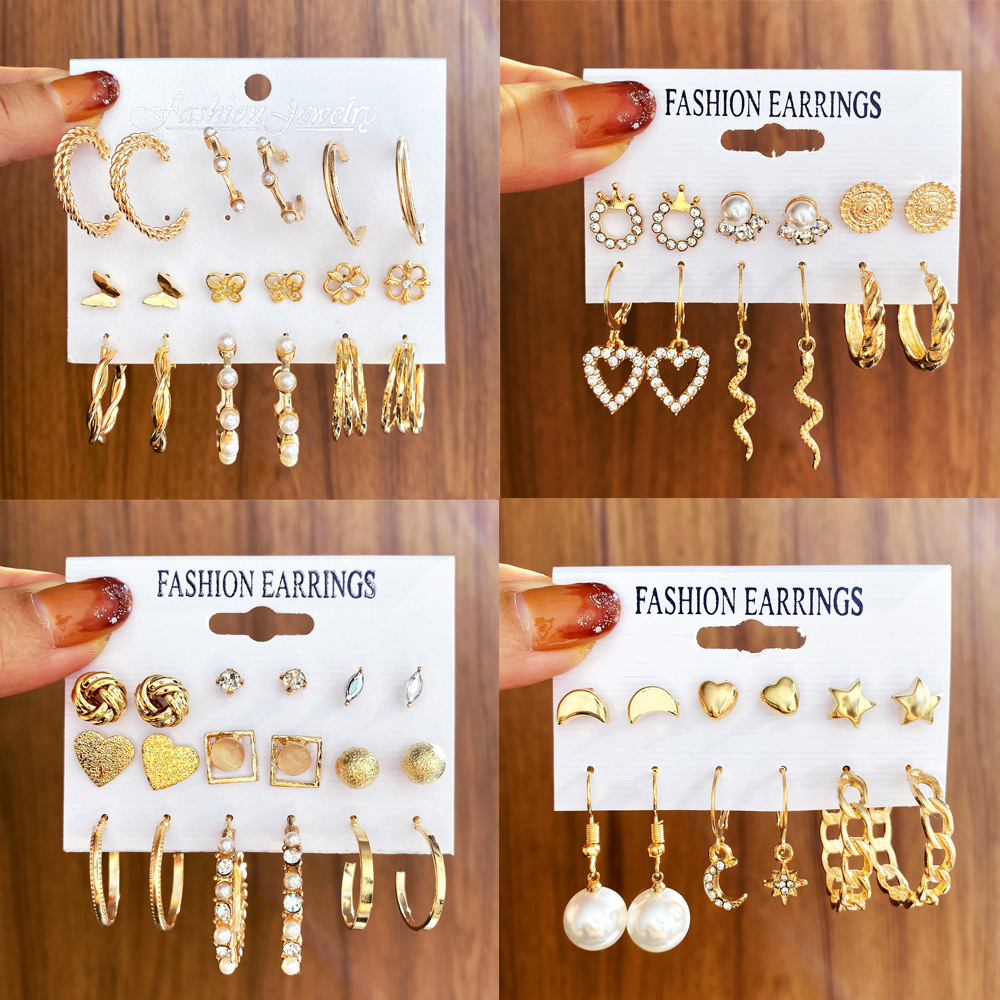 A new cross-border pearl chain earring set of 6 pieces, creative heart-shaped moon and five-pointed star stud earrings, in an ins style for women full figure