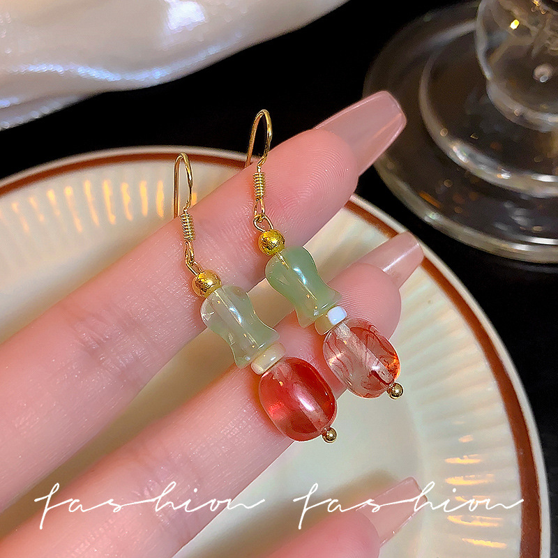Retro bamboo joint jade earrings, niche design sense, high-end light luxury ancient-style earrings, new Chinese-style earrings, ear hooks, autumn and winter full figure