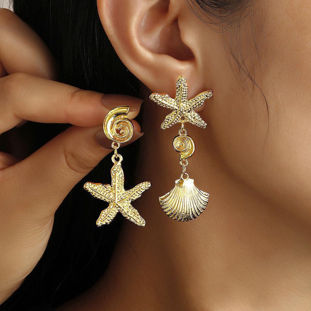 European and American cross-border jewelry, ocean style, exaggerated star stud earrings, personalized vacation beach starfish metal earrings full figure