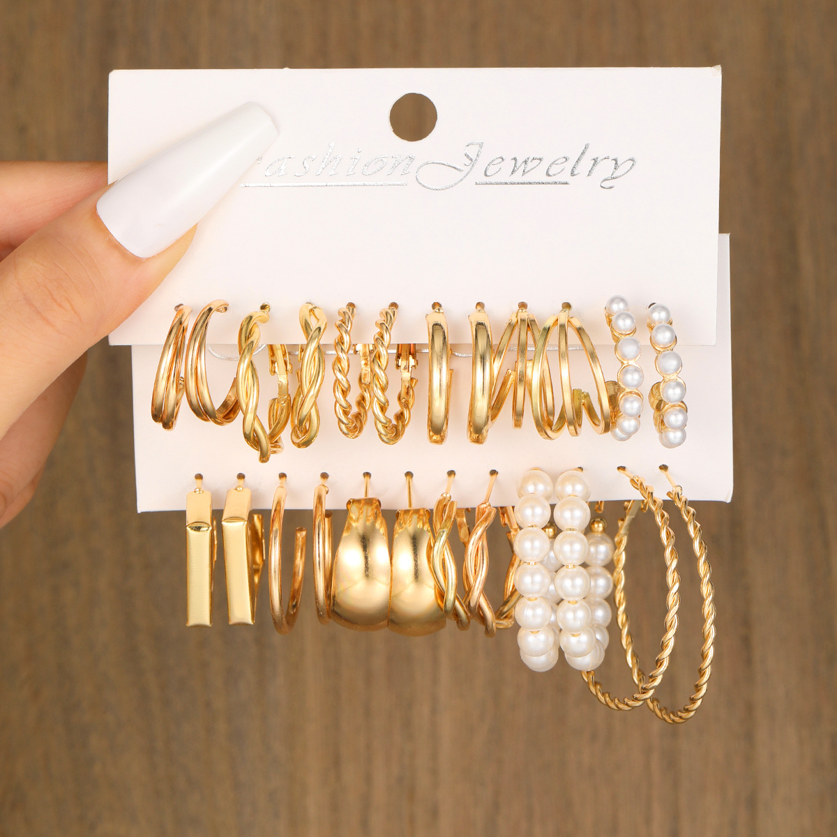 New cross-border personalized C-shaped geometric imitation pearl alloy earrings 12-piece set, ins ear rings, gold C-shaped earrings full figure