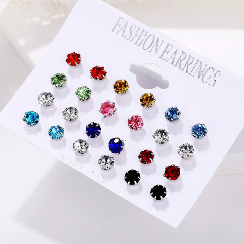 New cross-border color diamond ear stud set from Europe and America, 12 pairs of round small accessories, zircon card ear stud earrings details Picture