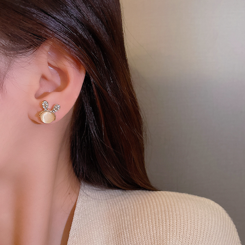 S925 Silver Needle Korean cute cat's eye Stone Rabbit 2025 New Style Trendy and stylish trendy small stud earrings for women details Picture