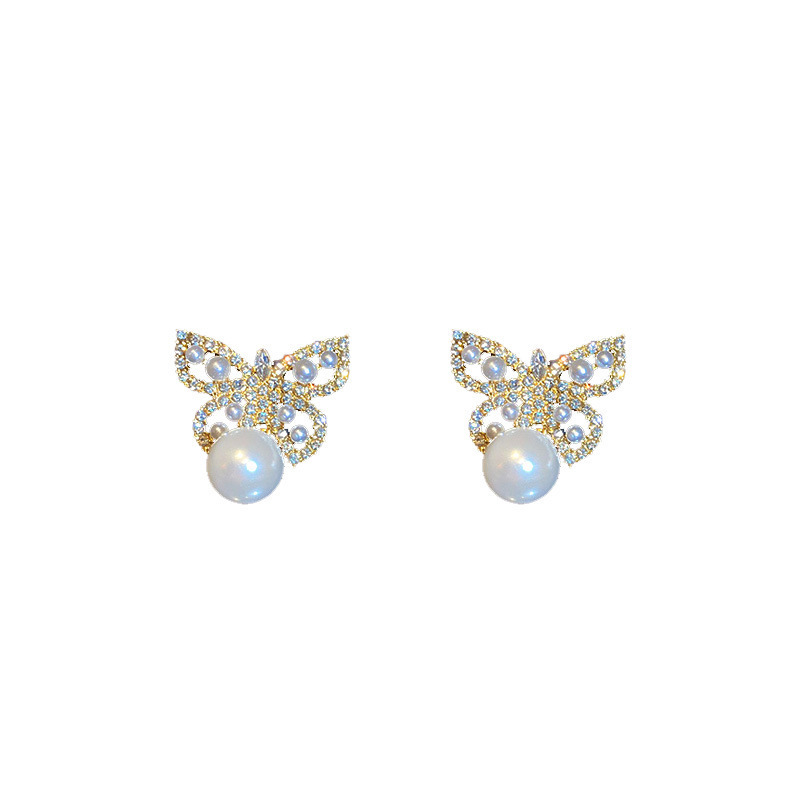 S925 Silver needle, Korean Dongdaemun diamond Pearl Butterfly Earrings, super ethereal design sense, women's earrings Item Picture