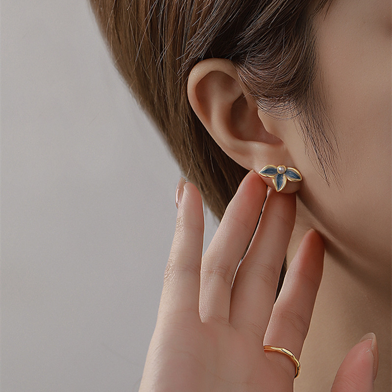 S925 Silver Needle Glazed Blue and gold flower Stud earrings, a fresh and niche design pearl earring accessory for women Application Scenario