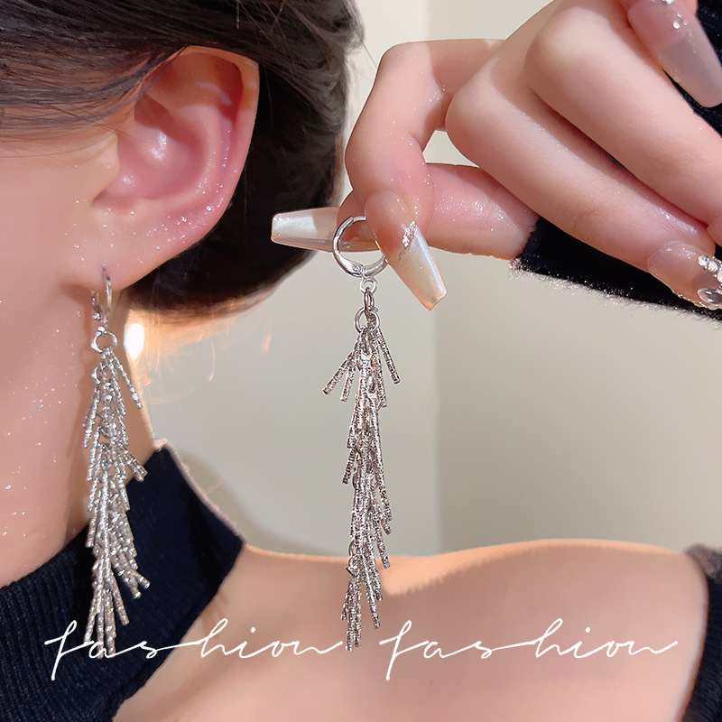 Super shiny silver long tassel exaggerated ear buckles, European and American high-end, light luxury and niche design, versatile and elegant earrings for women full figure