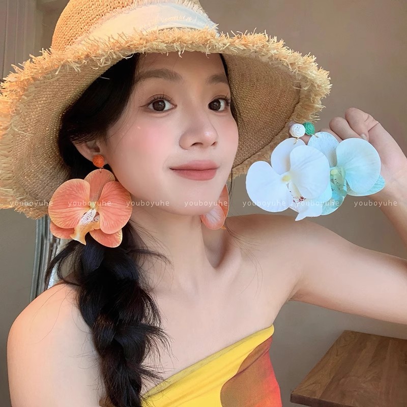 Sweet and exaggerated Phalaenopsis flower earrings 2025 New bestseller seaside vacation style Stud earrings Dopamine earrings for women Specification drawing