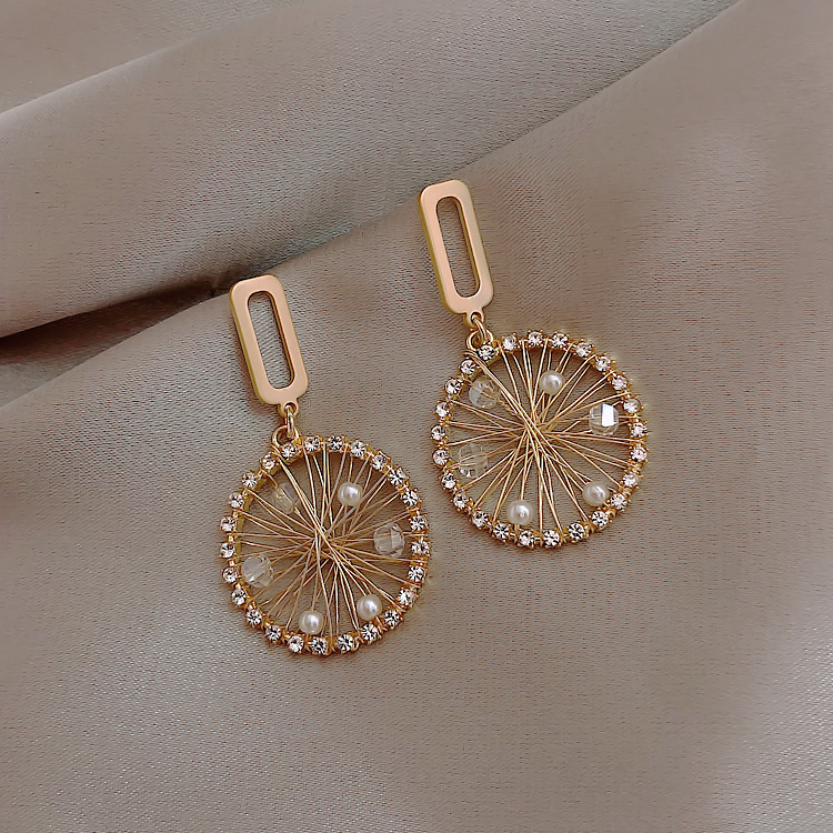 Dreamcatcher circle earrings, retro Hong Kong-style diamond-encrusted 925 silver needle earrings, cold style earrings for women full figure