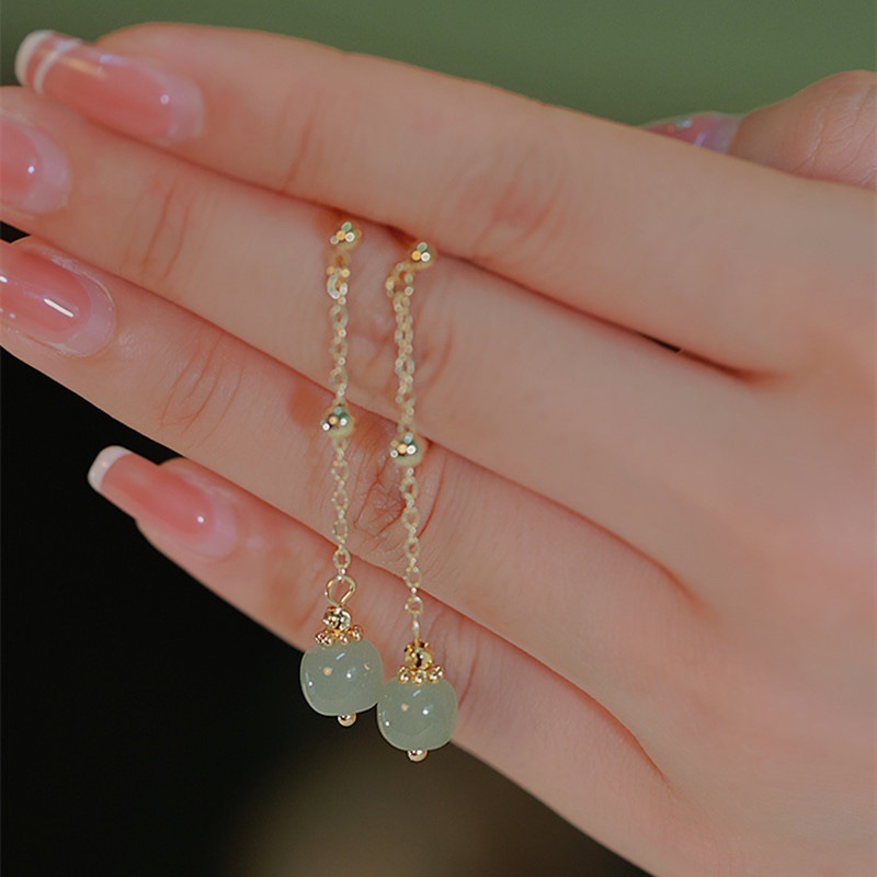 S925 Silver Needle Chain tassel imitation chalcedony Earrings for Women, 2025 New style of traditional Chinese style retro high-end earrings and earrings Specification drawing
