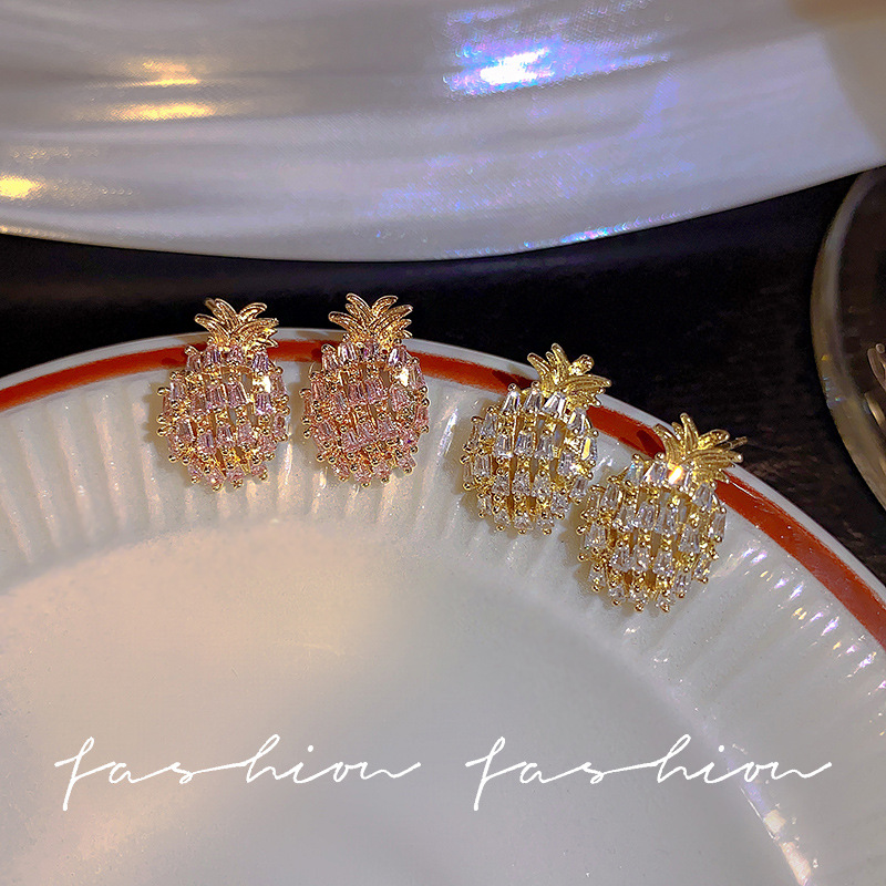 High-end full-diamond pineapple stud earrings, Korean niche, exquisite and cold style earrings for women, 925 silver needle wholesale Specification drawing