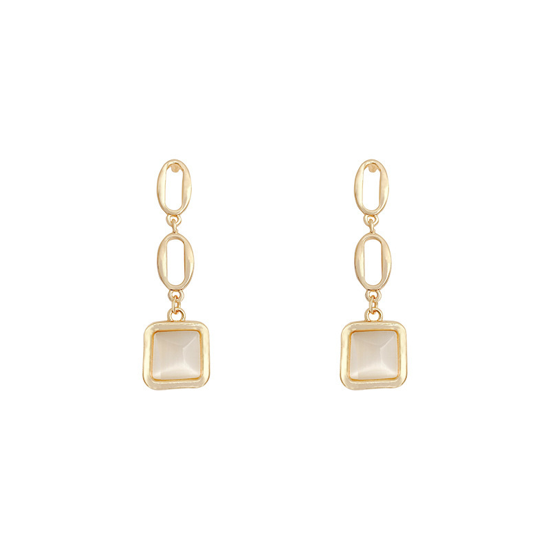 European and American fashion long chain geometric cat's eye stone pendant earrings, women's creative design sense stud earrings Item Picture