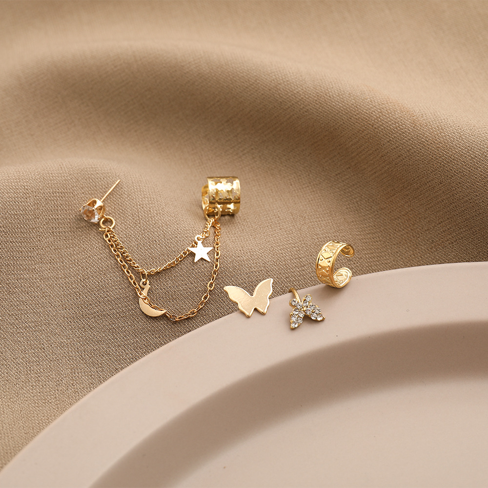 New cross-border full-diamond butterfly ear bone clip 4-piece set, creative and personalized golden star moon C-shaped ear clip Specification drawing