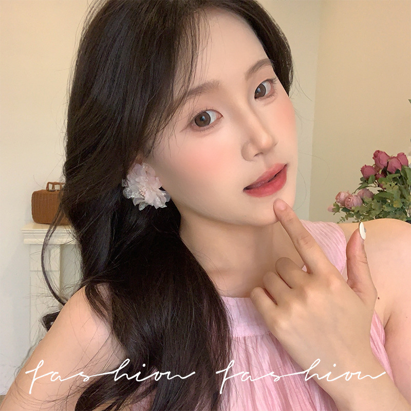 Pink rose stud earrings for women, 2025 new style super fairy fabric earrings, cute, sweet, high-end and elegant earrings details Picture