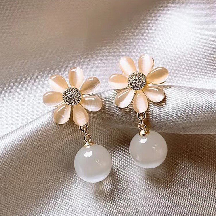 Wholesale of Dongdaemun silver needle flower earrings, women's retro style cat's eye stone earrings, ins style and simple earrings in South Korea Specification drawing