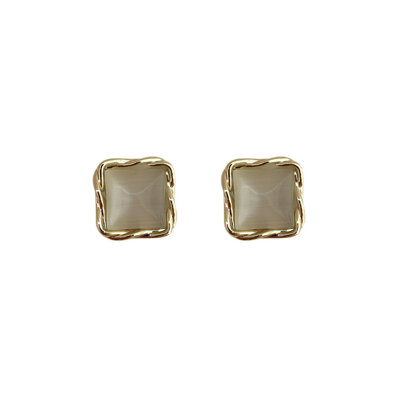 S925 Silver Needle Korean fashion, simple geometric square cat's eye stone ear studs, female Internet celebrity design sense earrings and earrings, trendy Item Picture