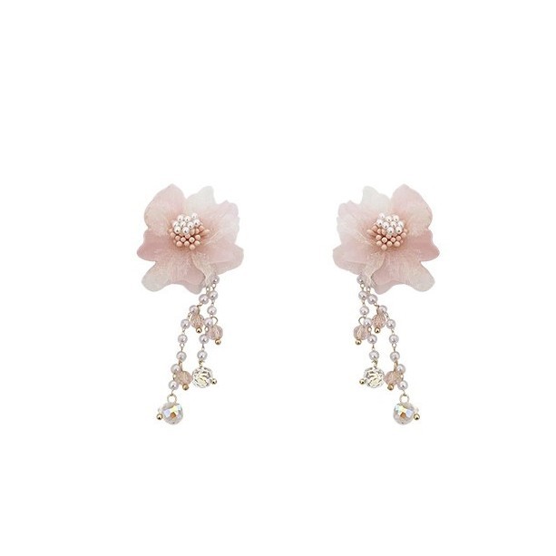 Vacation-style romantic pink crystal flower pearl earrings for women, a light luxury and high-end feel, super ethereal dopamine temperament earrings Item Picture