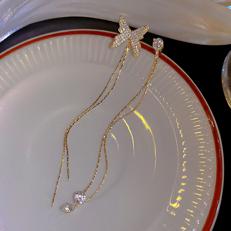 925 silver needle retro long butterfly earrings, feminine charm, ins stylish Su earrings, high-end feel, wholesale of internet-famous earrings Specification drawing