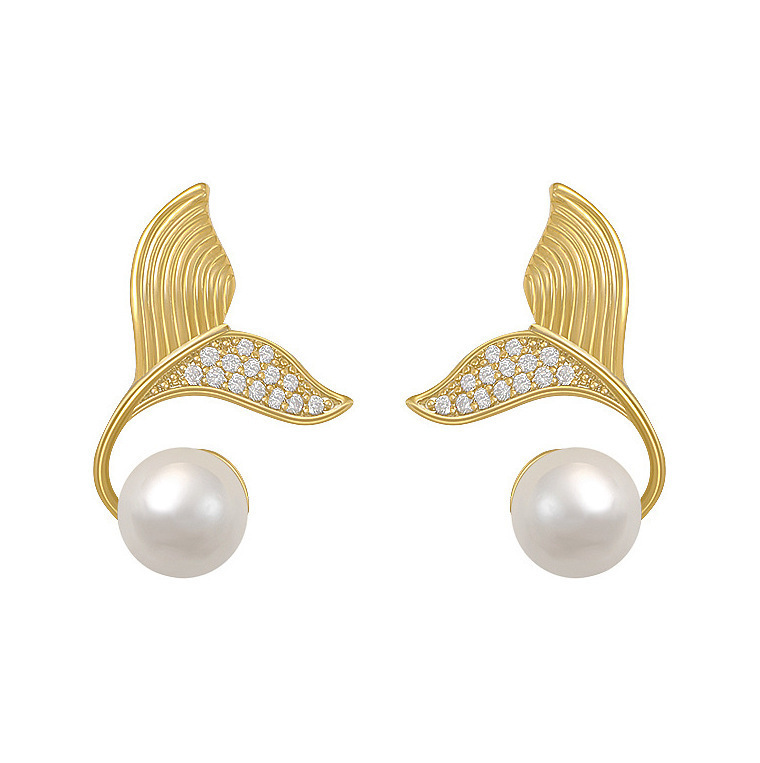 S925 silver ear Needle fishtail pearl stud earrings, simple and elegant, feminine and trendy trendy earrings, asymmetrical design pearl Item Picture