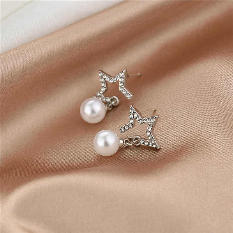 925 Silver Needle Korean five-pointed star pearl pendant, versatile and elegant female Internet celebrity stud earrings Specification drawing