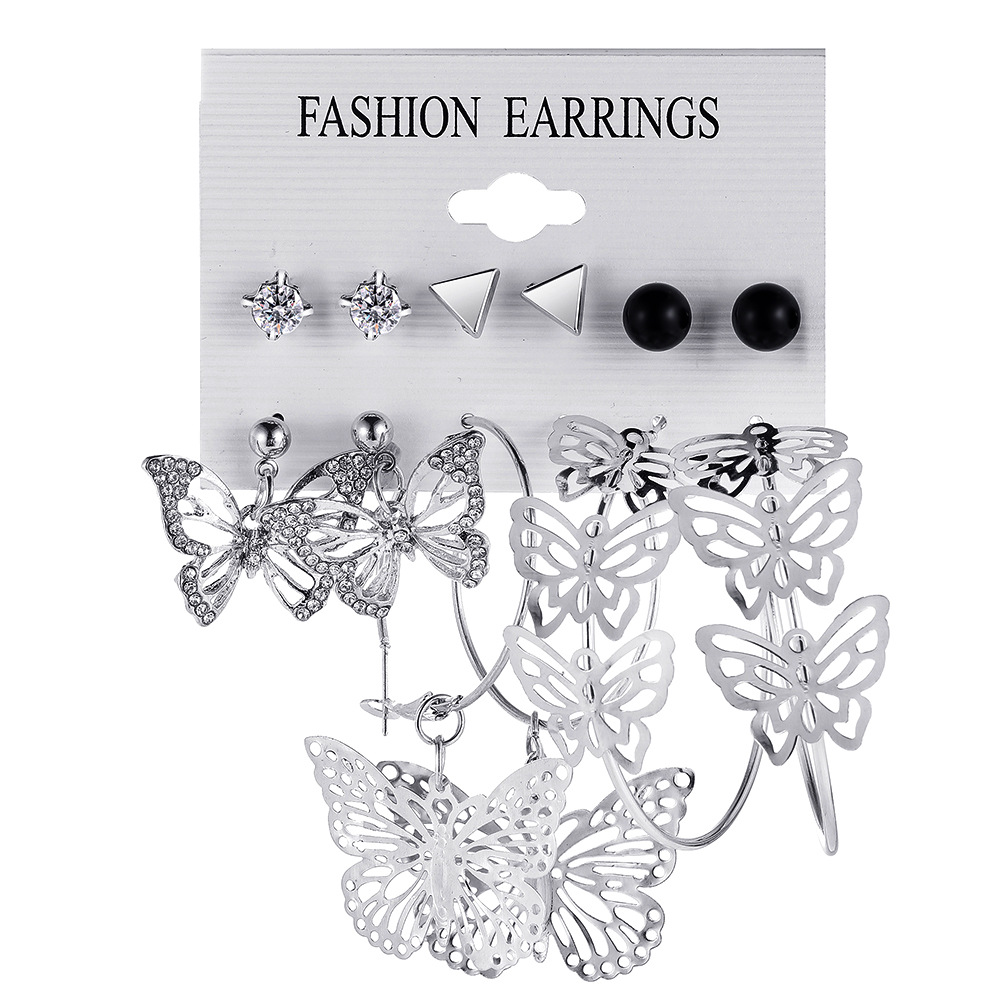 A new cross-border geometric dot diamond earring set from Europe and America, 6-piece set, creative hollowed-out butterfly earring set combination, Instagram full figure