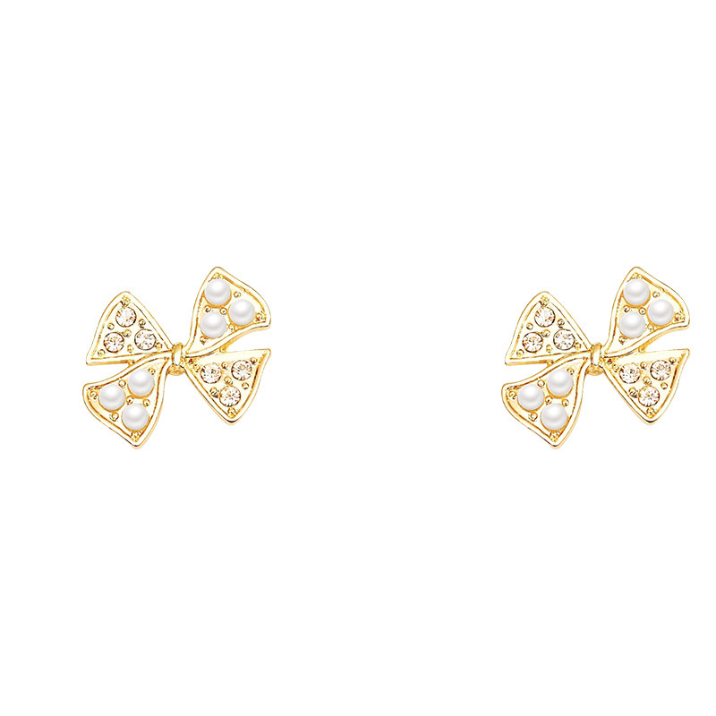S925 Silver needle new Hong Kong-style bow pearl earrings, women's super ethereal charm, diamond-encrusted stud earrings Item Picture