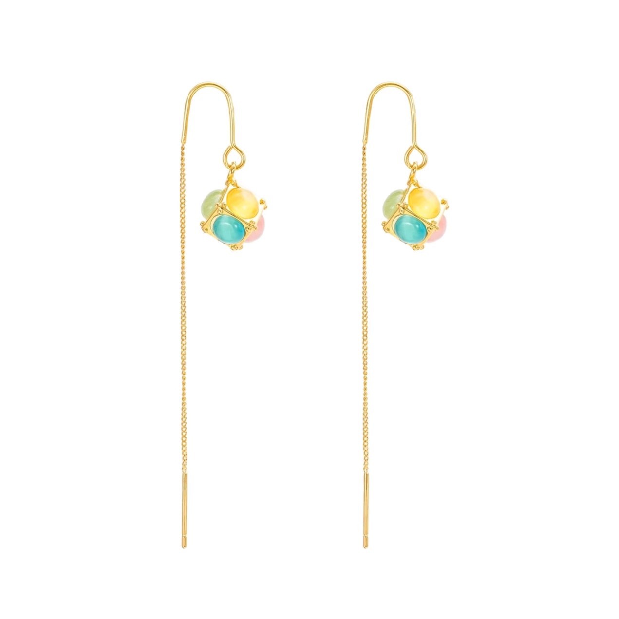 Cat's eye stone Magic Cube ear thread earrings, women's color dual-wear high-end stud earrings, unique and distinctive design sense earrings Item Picture