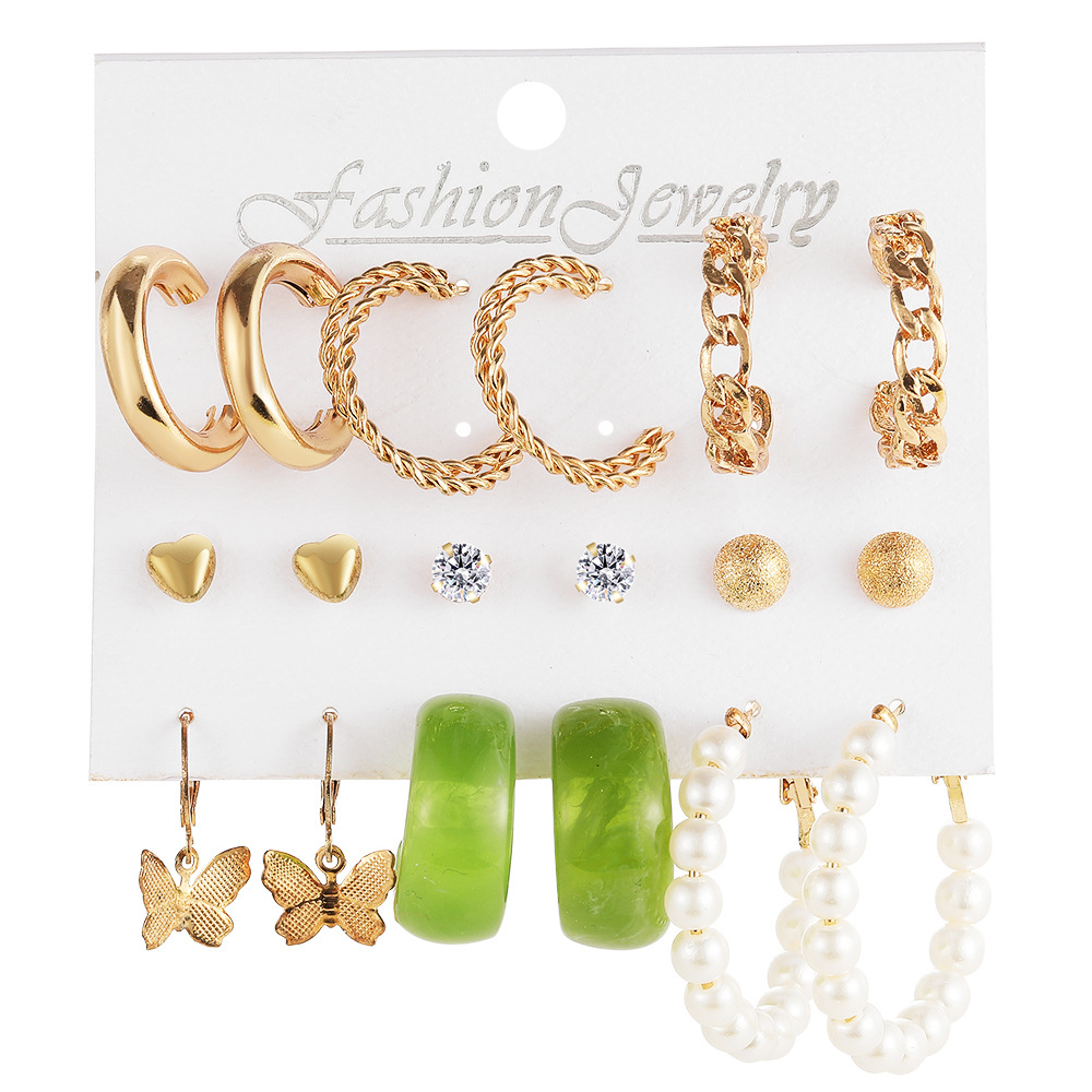 Creative and personalized butterfly stud earring set of 9 pairs, metal C-shaped ear rings, new European and American acrylic earrings wholesale Item Picture