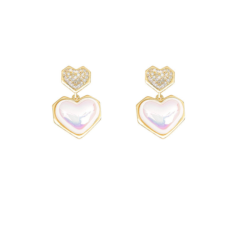 S925 Silver Needle Mermaid Color heart-shaped Pearl Earrings for women, full diamonds, light luxury, trendy, versatile and elegant stud earrings Item Picture