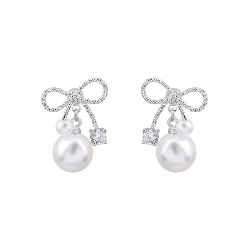 Bow pearl zircon stud earrings for women, high-end, niche design earrings, fashionable and versatile, dual-wear earrings, gemstones Item Picture