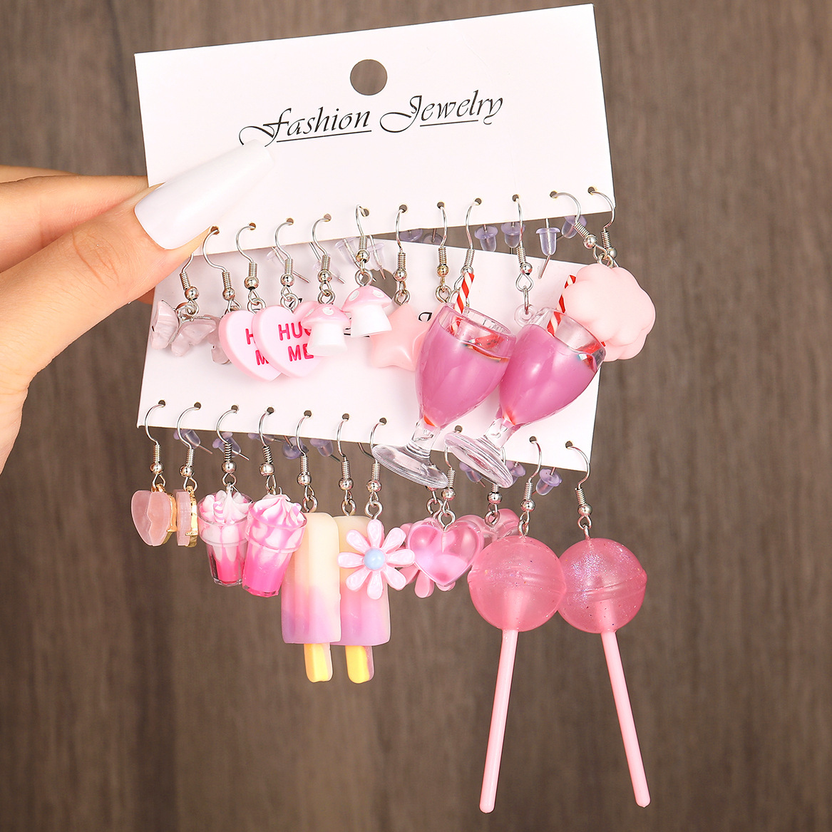 A new cross-border eco-friendly pink mushroom ice cream flower heart earring set of 12 pieces of flower lollipop earrings full figure