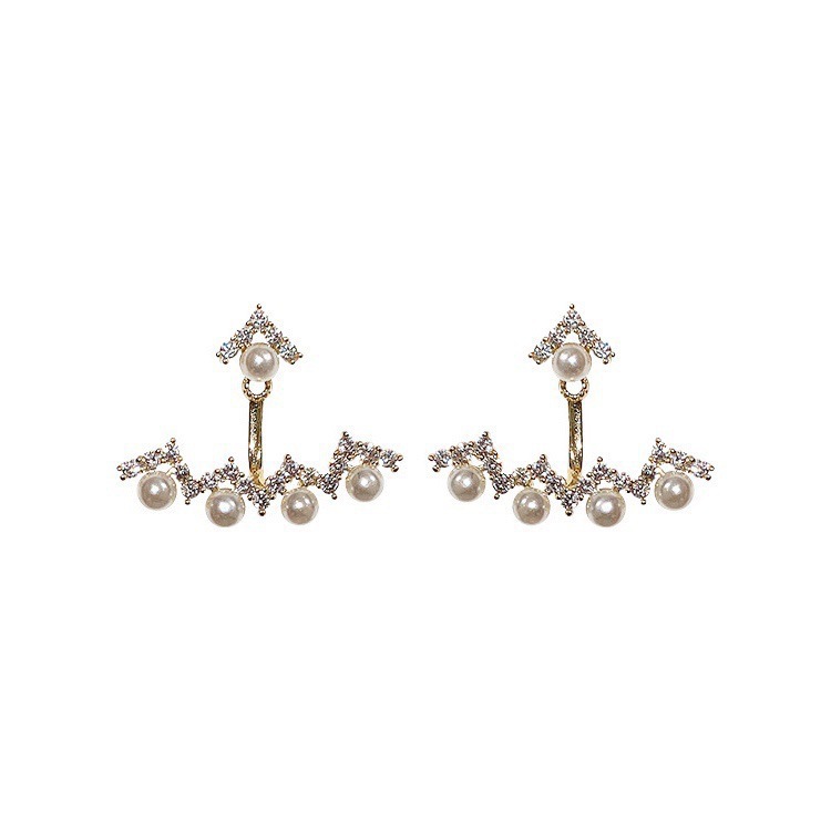 A new, niche design with 925 silver needle and pearl stud earrings on the front and back, a simple diamond-encrusted two-pair earring Item Picture
