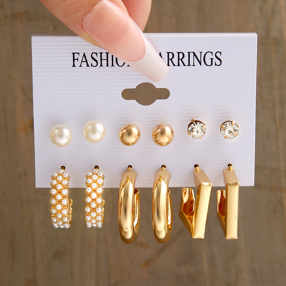 New cross-border personalized golden geometric metal earrings, retro imitation pearl dot rhinestone earrings set of 6 pieces details Picture