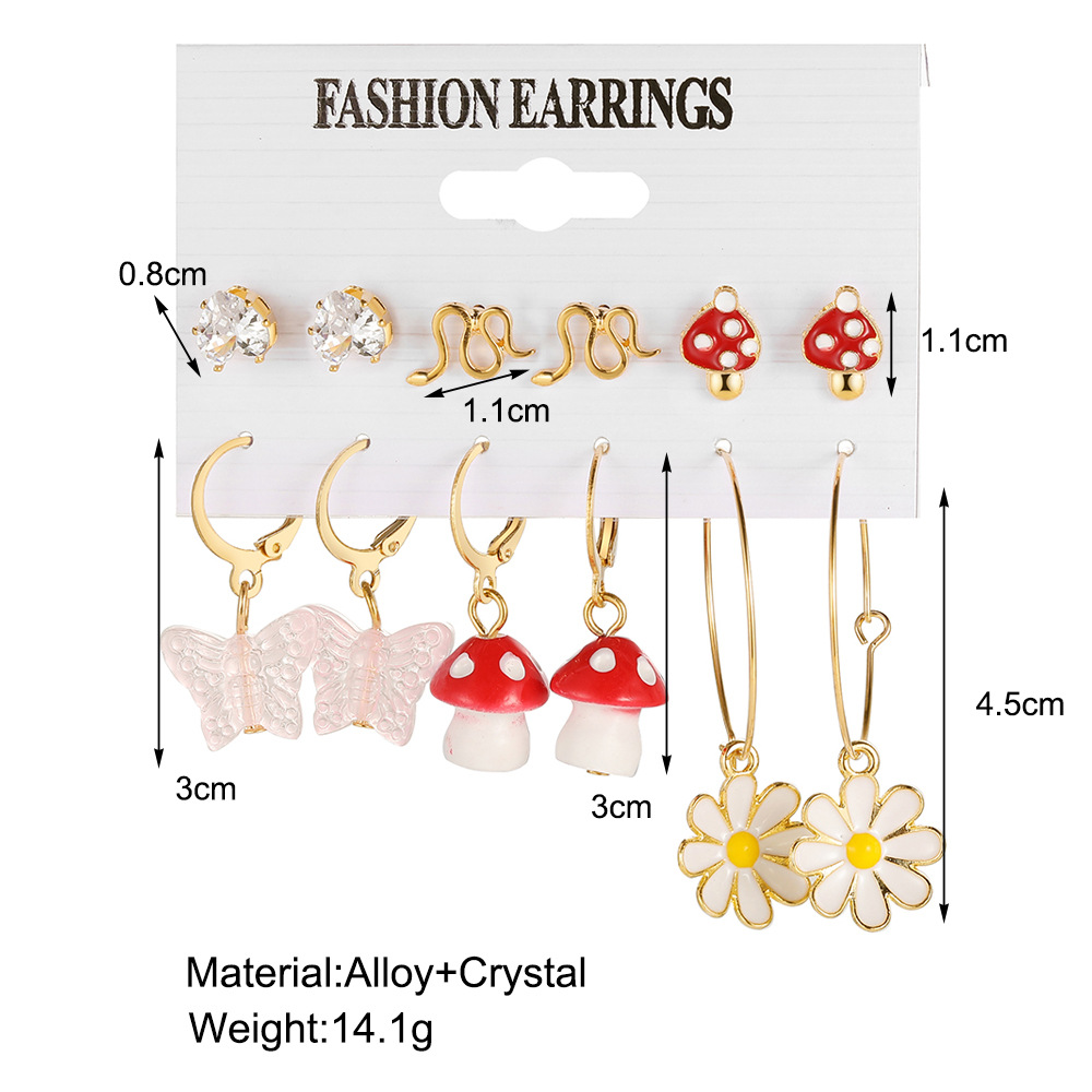 Wholesale of new mushroom earrings, creative flower earrings, mini snake-shaped stud earrings and flower earrings for foreign trade Specification drawing