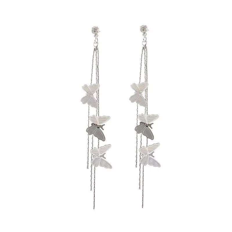French retro long tassel butterfly super shiny stud earrings, elegant and versatile simple earrings, fashionable and versatile earrings Item Picture