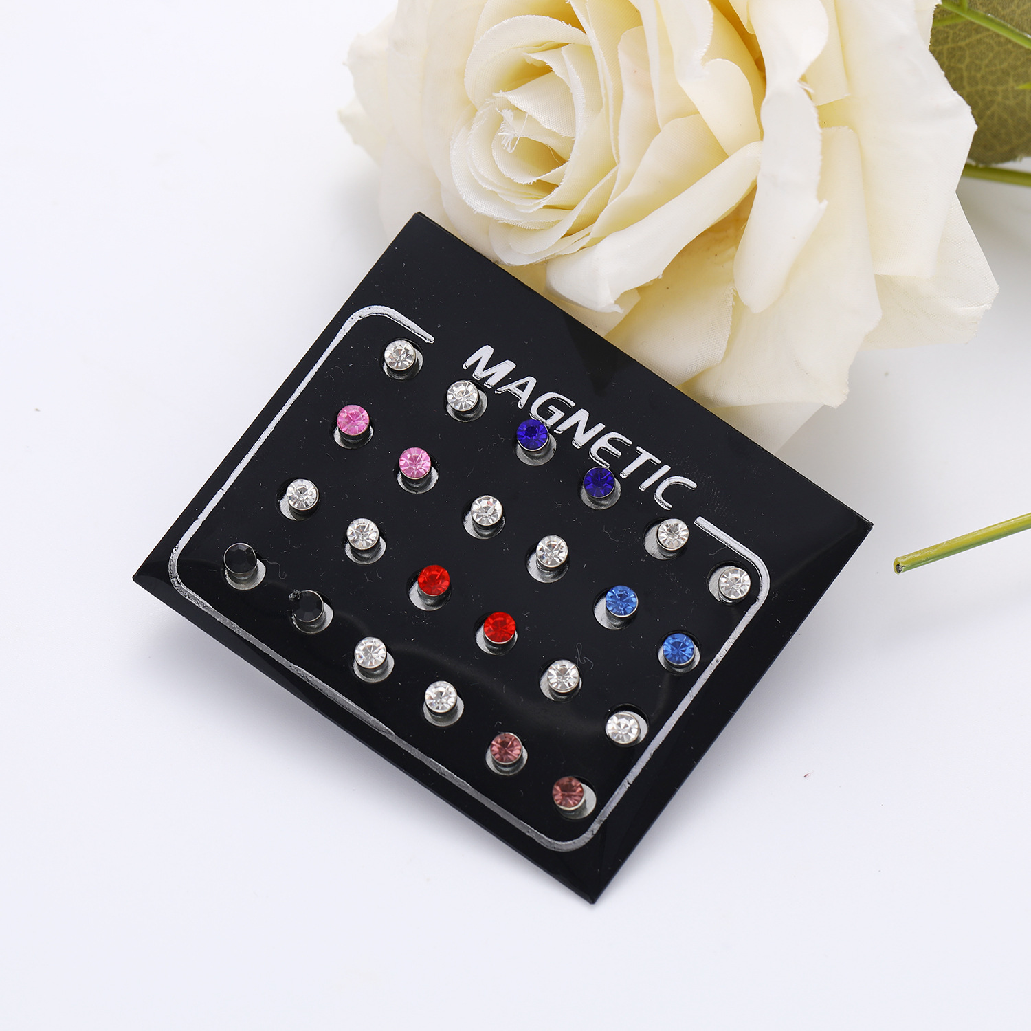 European and American cross-border accessories, fashionable colorful diamond-encrusted double round crystal stud earrings set, 12 pairs of magnetic women's stud earrings Specification drawing