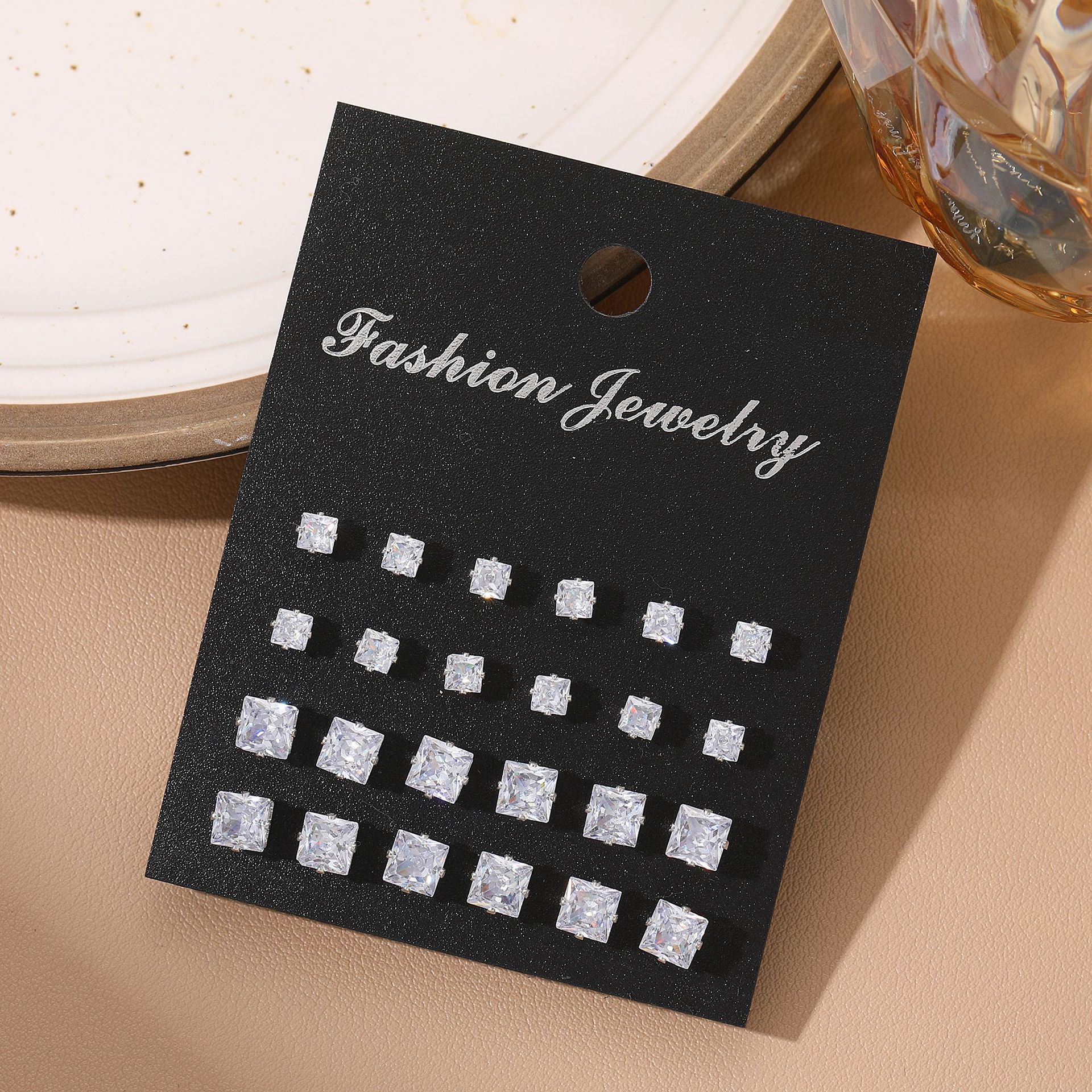Cross-border bestseller ins cold style simple and elegant square zircon stud set of 12 pieces Earrings Application Scenario