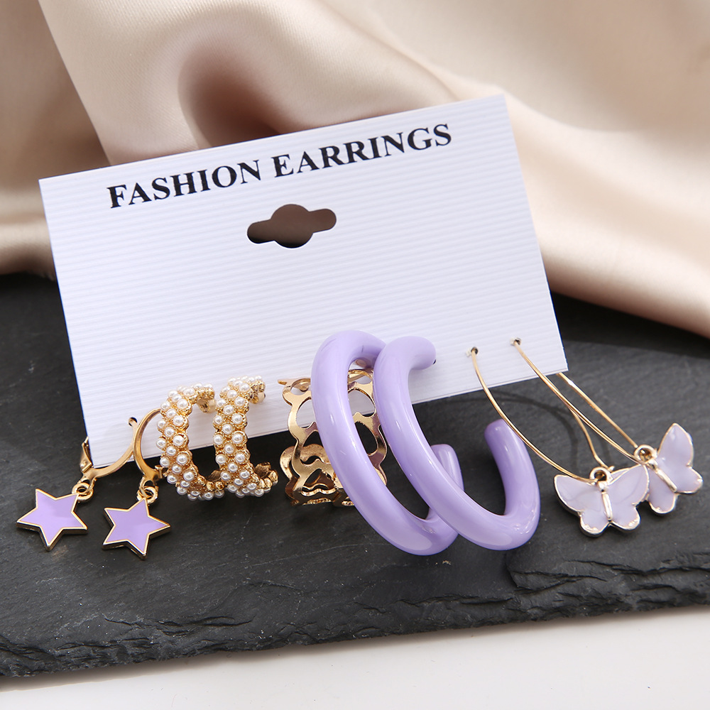 A 5-piece purple butterfly earring set for European and American export, with a retro style and a high-end look like pearl earrings Application Scenario