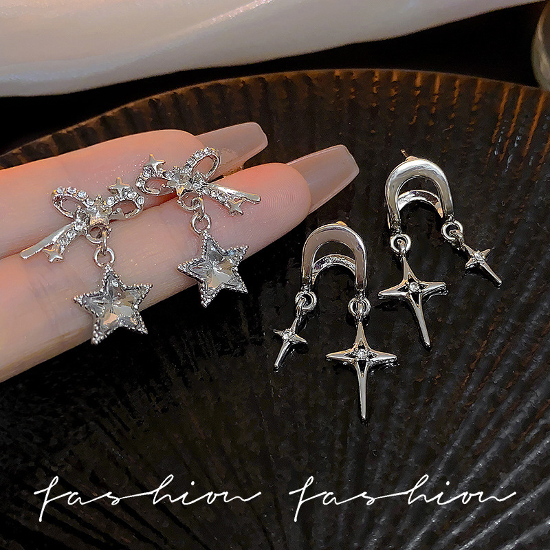 Korean-style super sparkling star stud earrings, exquisite bow earrings, light luxury and high-end feel, niche tassel earrings, new style for women Specification drawing