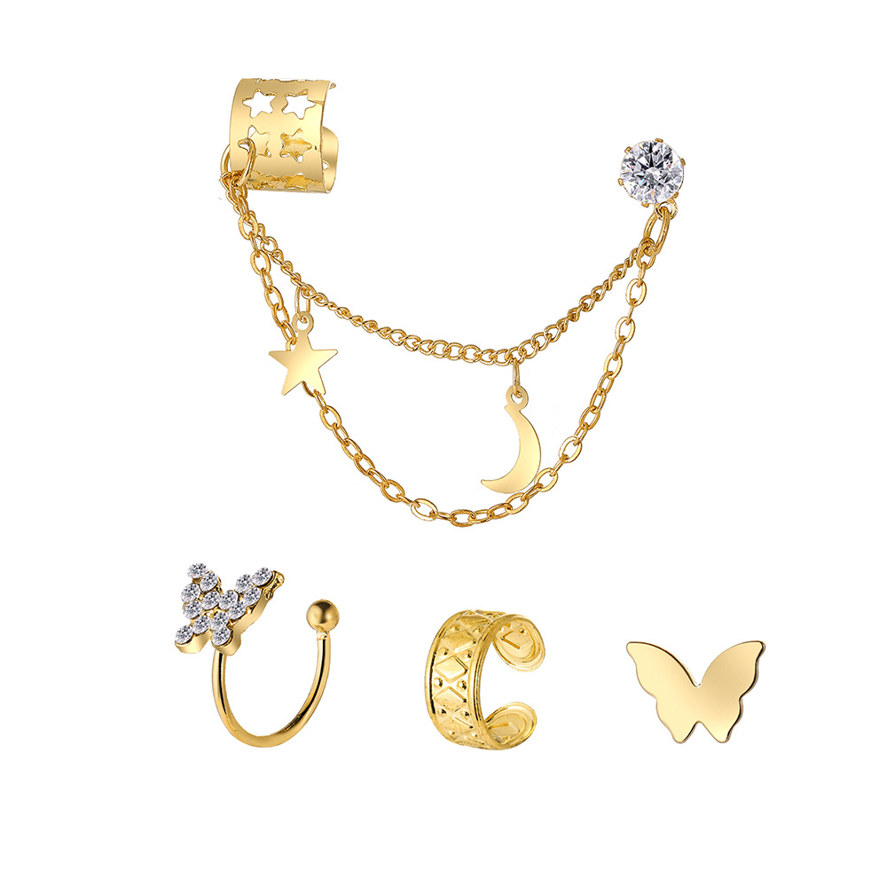 New cross-border full-diamond butterfly ear bone clip 4-piece set, creative and personalized golden star moon C-shaped ear clip Item Picture