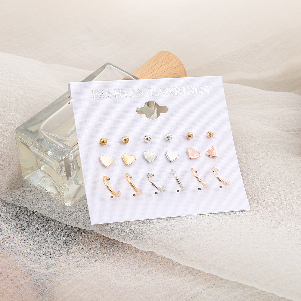 New European and American foreign trade earrings, creative heart-shaped stud earrings, women's ins style earrings, stud earrings, simple ear ring set 9-piece set Application Scenario