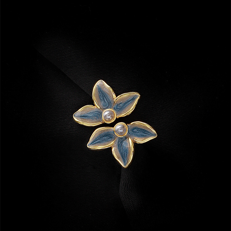 S925 Silver Needle Glazed Blue and gold flower Stud earrings, a fresh and niche design pearl earring accessory for women full figure